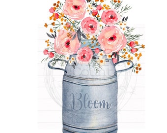 Boîte de lait de fleur aquarelle PNG, PNG automne, dessins d'automne aquarelle, PNG rustique, dessins par sublimation, téléchargements numériques, ferme png