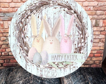 3 Bunnies Wreath Round Door Hanger, Sublimation Designs, Flower Sublimation, Spring Farmhouse PNG, Easter png, Spring Sublimation, Easter