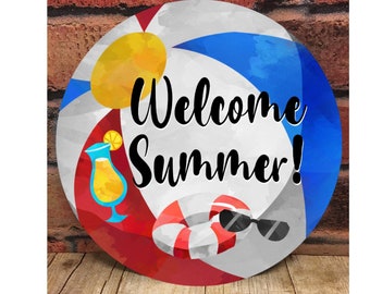 Welcome Summer Round Door Hanger, Circle Designs, Pool Sublimation Designs, Sublimation Designs, Beach Ball Door Hanger, Summer Designs