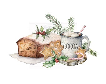 Brood en cacao PNG, kerstafbeeldingen, kerstsublimatie, keuken png Kerst PNG, digitale downloads, warme chocolademelk