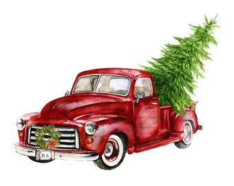 Imagen de camión rojo, sublimación de camión rojo, imágenes de Navidad, diseños de sublimación de Navidad, PNG de camión viejo, diseños de Navidad, PNG de Navidad
