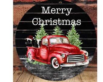 Black Wood and  Red Truck Christmas Door Hanger, Christmas Sublimation, Christmas PNG, Red Christmas Truck, Sublimation Design, Truck PNG