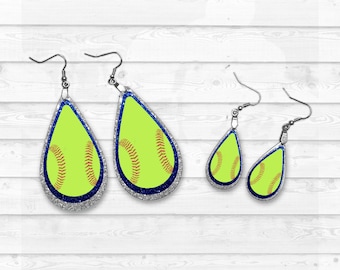 Softball Earring Designs, Earring Sublimation Images, Earring Templates, Softball Sublimation, Drop Earrings, Baseball PNG, Blue Silver
