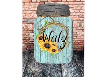 Aqua Sunflower Mason Jar Design, Sublimation Design, Mason Jar Door Hanger, Summer Sublimation, Sunflower PNG, Digital Downloads