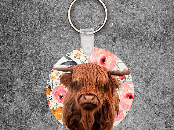 Floral Highland Cow Keychain