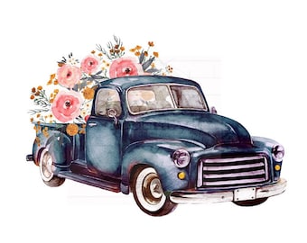 Blue Flower Truck Design, Spring Sublimation, Sublimation Designs, Old Truck Designs, Flower Market PNG, Spring PNG, Truck PNG