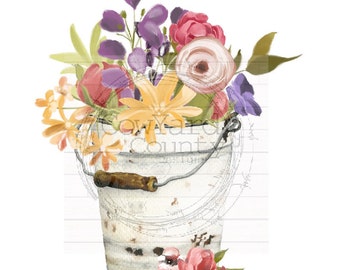 Spring Floral Pail, Spring Sublimation, Home Sublimation Designs, Sublimation Designs, Watercolor Flower Designs, Spring PNG