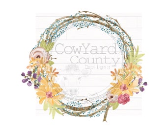 Floral Grapevine Wreath, Spring Sublimation, Home Sublimation Designs, Sublimation Designs, Watercolor Flower Designs, Spring PNG