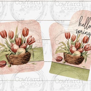 May include: A set of two pink and green pot holders with a floral design. The pot holders feature a nest with eggs and tulips. One pot holder has the text "hello spring" on it.