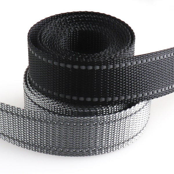 Black/Gray Reflective Webbing Tape Ribbon Sew On Reflective Stitching Nylon Webbing Dog Collar or Leash Purse Strap Webbing By the yard