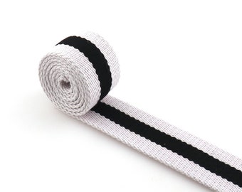 Cinta de algodón de 1,5 ", cinta de punto, cinta de ajuste, cinta de rayas blancas y negras para llavero, correa para perro, bolso con asa, correa para monedero cortada a medida