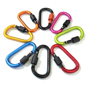 Può includere: Un set di otto moschettoni metallici colorati, ognuno di un colore diverso: arancione, nero, rosa, verde, blu, rosso e due moschettoni neri. I moschettoni sono disposti in cerchio.