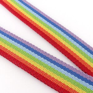 May include: Rainbow striped webbing with red, orange, yellow, green, blue, indigo, and violet stripes.