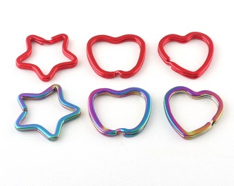 Split Key Rings Rainbow/Red Split Ring Round Keyring Metal Flat Key Ring Star/Apple/Heart Shape Key Chain Ring Key Fob Hardware-6pcs