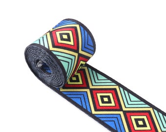 1.5" Ethnic Purse Geometric design pattern ribbon Colorful Soft Smooth Webbing Woven Belt,webbing purse strap By the yard.