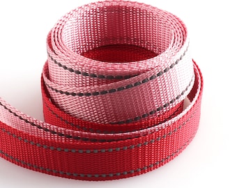 Reflective Ribbon Polyester Reflective Webbing Strap Tape With Reflective Stitching Dog Leash Pink/Red 1" High Visibility By the yard
