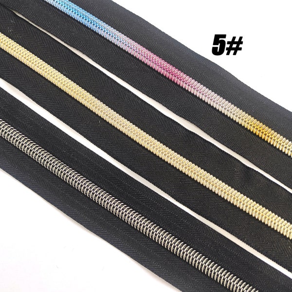 Zipper 5# Nylon Metallic Coil Zippers for Sewing Rainbow Black Continuous Zippers Upholstery Zipper Tape For Bag Jeans By the yard