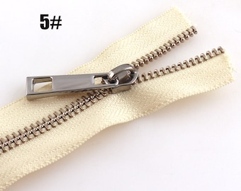 Size 5 Zipper Tape by the meter Brass Nylon Coil Zipper with Cream Tape & Silver Pulls Metal Gold Tooth Zipper #5 Separating Tape