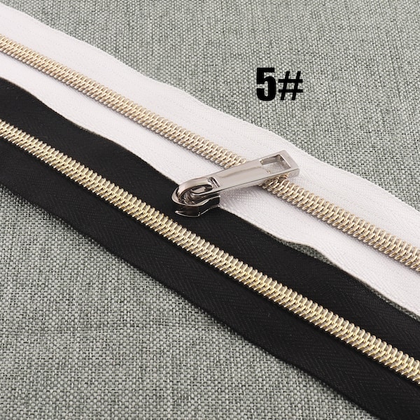 No.5 Continuous Zipper by the yard Gold Teeth Black&White Nylon Coil Sewing Zipper Tape With Pulls For Tailor Sewing Crafts Purse Bag