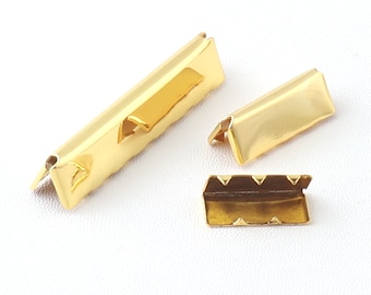Abrazadera de engarce para cinta, accesorios de extremo dorado brillante, sujetadores de extremos de cordón, cierre de engarce de cuero, longitud de 20mm, 25mm, 50mm para fabricación de joyas