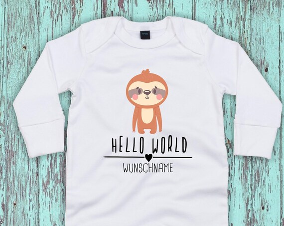 Baby Schlafanzug mit Wunschtext "Hello World Faultier Wunschname" Sleepsuit Langarm Jungen Mädchen Einteiler Strampler