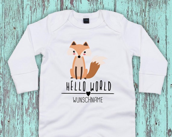 Baby Schlafanzug mit Wunschtext "Hello World Fuchs Wunschname" Sleepsuit Langarm Jungen Mädchen Einteiler Strampler