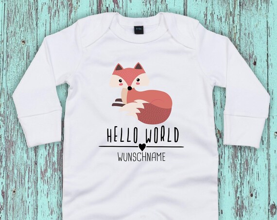 Baby Schlafanzug mit Wunschtext "Hello World Fuchs Wunschname" Sleepsuit Langarm Jungen Mädchen Einteiler Strampler