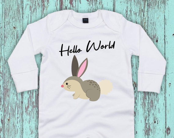 Kleckerliese Baby Schlafanzug "Hello World Hase" Sleepsuit Langarm Jungen Mädchen Einteiler Strampler