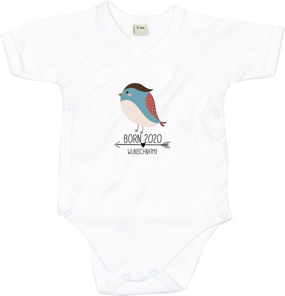 kleckerliese Wickel Baby Body "Born 2020 2021 2022 Tiermotiv Wunschname Name Vogel" Babybody Strampler Wickelbody Organic Kimono Kurzarm