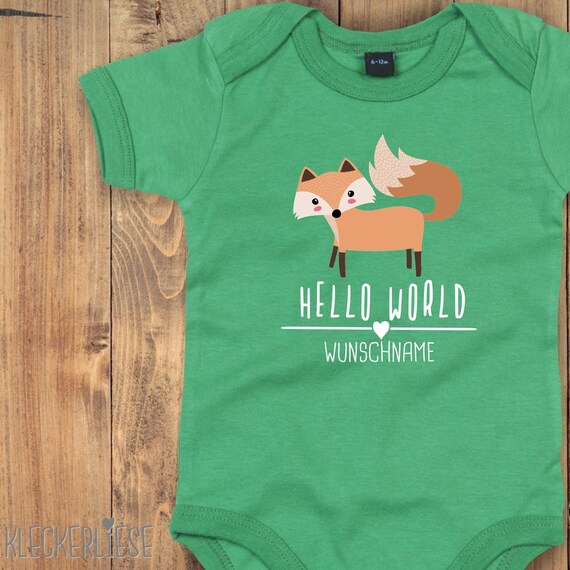 Baby Body mit Wunschtext "Hello World Fuchs Wunschname" Babybody Strampler Jungen Mädchen Kurzarm