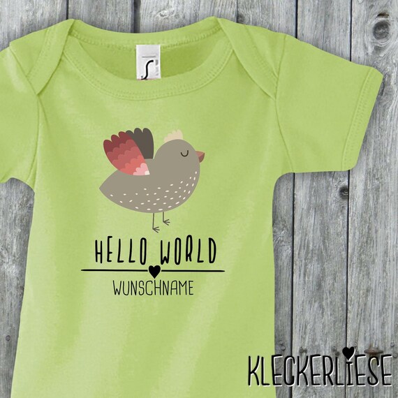 Baby Body mit Wunschname "Hello World Vogel Wunschname" Babybody Strampler Jungen Mädchen