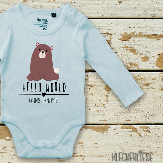 Langarm Body mit Wunschname Babybody "Hello World Bär Wunschname" Fair Wear Bio Organic