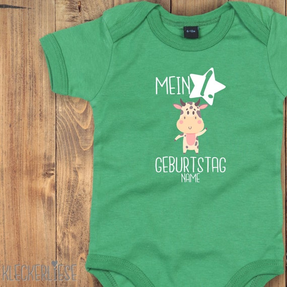Baby Body mit Wunschtext "Mein 1. Geburtstag Kuh mit Wunschname" Babybody Strampler Jungen Mädchen Kurzarm