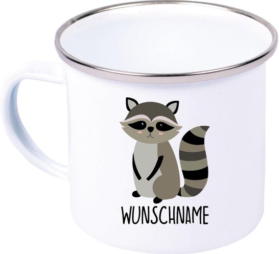 kleckerliese Emaille Kindertasse mit Wunschnamen Teetasse Tasse Motiv Tiermotive Tiere mit Camping Zelten Retro Becher