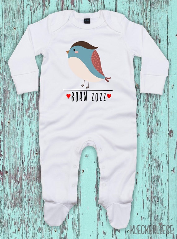 Kleckerliese Baby Schlafanzug "Born 2022 Tiermotiv Vogel" Sleepsuit Langarm Jungen Mädchen Einteiler Strampler