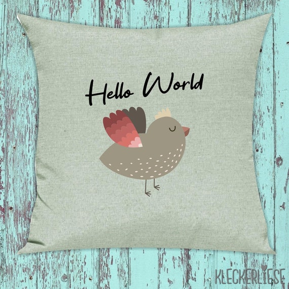 kleckerliese Kissen "Hello World Vogel" Kissenhülle Deko Sofa Hülle Kissenbezug