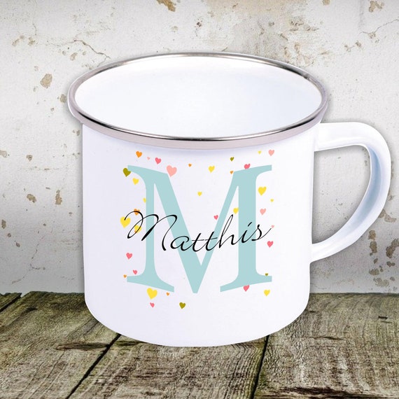 kleckerliese Emaille Tasse mit Initialen Wunschnamen Teetasse Kindertasse Motiv Camping Zelten Retro Becher