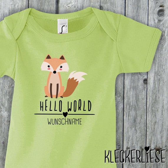 Baby Body mit Wunschname "Hello World Fuchs Wunschname" Babybody Strampler Jungen Mädchen