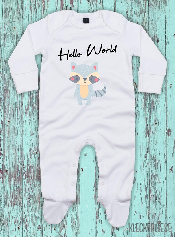 Kleckerliese Baby Schlafanzug "Hello World Waschbär" Sleepsuit Langarm Jungen Mädchen Einteiler Strampler