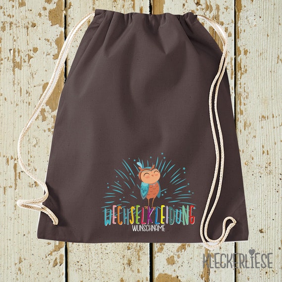 Kleckerliese Turnbeutel "Wechselkleidung Eule Wunschname" Rucksack Bag Stoffbeutel Gymsack Kita Schule  Einschulung Wechselsachen 27 Farben