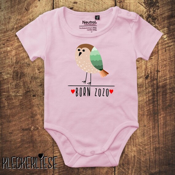 kleckerliese Babybody Body "Born 2020 Tiermotiv Vogel" Fair Wear Jungen Mädchen Motiv Aufdruck