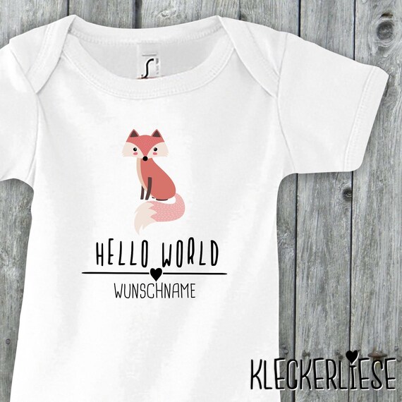 Baby Body mit Wunschname "Hello World Fuchs Wunschname" Babybody Strampler Jungen Mädchen