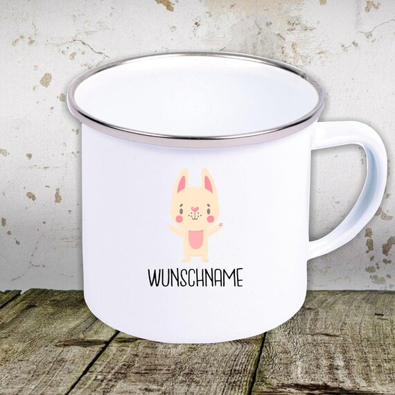 kleckerliese Emaille Kindertasse mit Wunschnamen Teetasse Tasse "Tiermotiv mit Wunschnamen" Camping Zelten Retro Becher