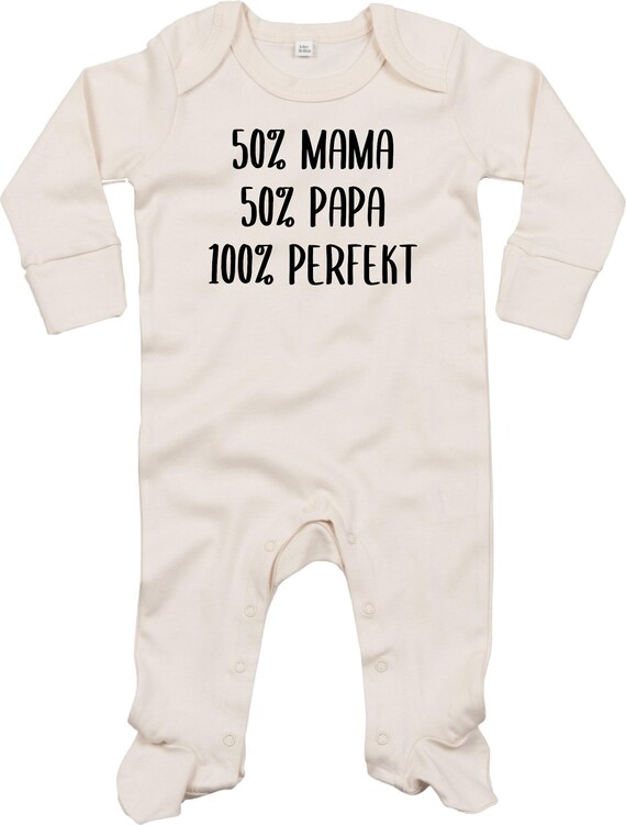 Kleckerliese Baby Schlafanzug "50 Prozent Mama 50 Prozent Papa 100 Prozent Perfekt" Sleepsuit Langarm Jungen Mädchen Einteiler Strampler