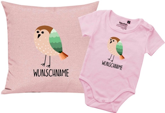 kleckerliese Geschenkset Geburt Kissen Body mit Tiermotiv "Vogel" Fair Wear mit Kissenfüllung