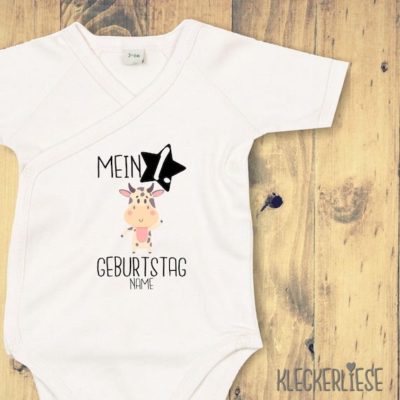 Wickelbody mit Wunschtext "Mein 1. Geburtstag Kuh mit Wunschname" Babybody Strampler Wickelbody Organic Kimono Kurzarm Baby Body