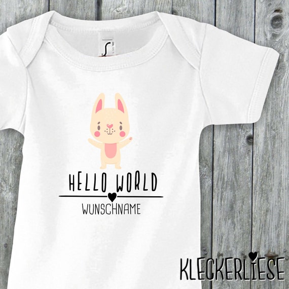 Baby Body mit Wunschname "Hello World Hase Wunschname" Babybody Strampler Jungen Mädchen