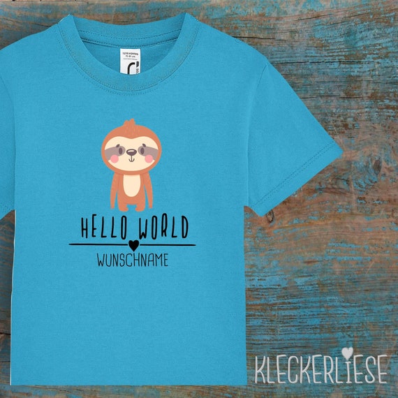 Kinder Baby Shirt mit Wunschname Kleinkind "Hello World Faultier Wunschname" T-Shirt Jungen Mädchen