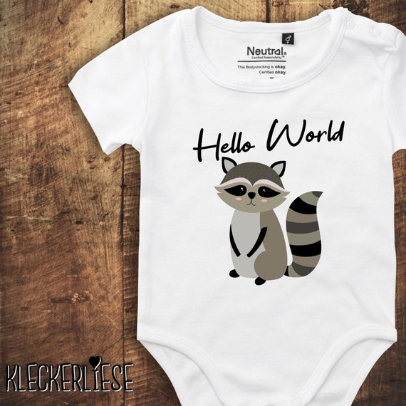 kleckerliese Babybody Body "Hello World Waschbär" Fair Wear, Bio, Organic Baby Jungen Mädchen