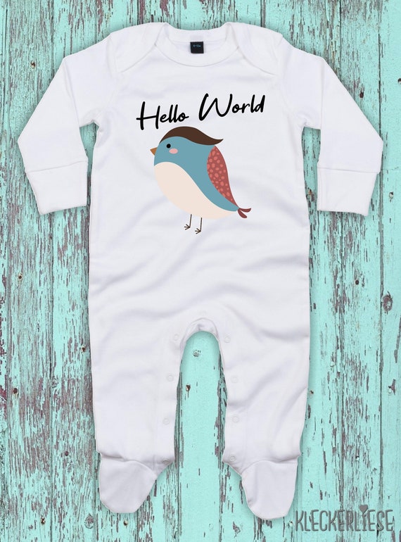 Kleckerliese Baby Schlafanzug "Hello World Vogel" Sleepsuit Langarm Jungen Mädchen Einteiler Strampler